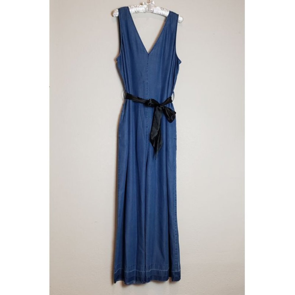 NYDJ sleeveless denim-look blue v-neck wide-leg jumpsuit 14